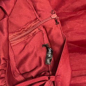Plunging Neck Mesh-Overlay Maxi Dress-Burgundy